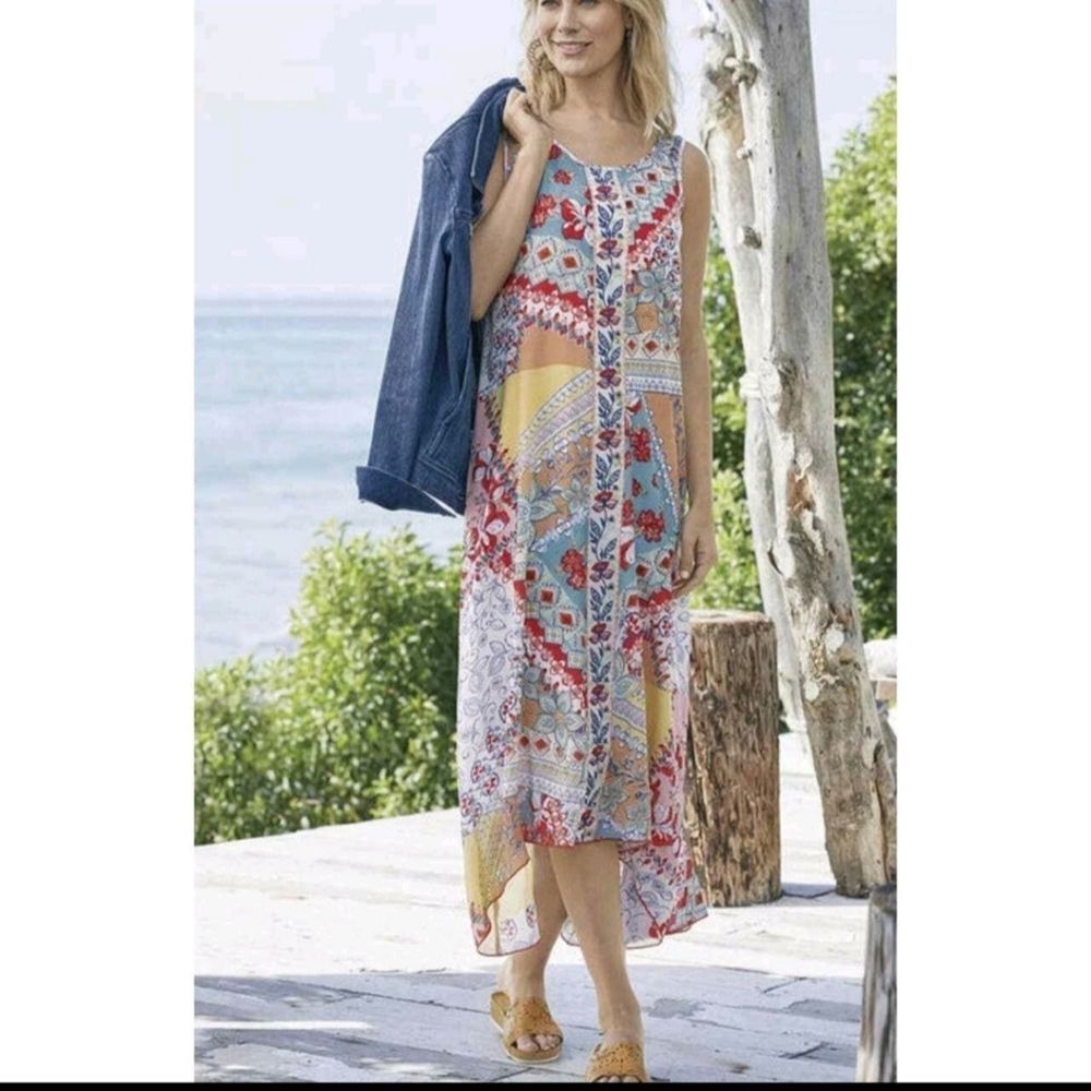 Coastal Boho Patchwork Floral Maxi Dress XS Sleeveless Flowy High Low Hem Resort